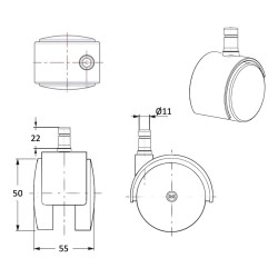 Lot de 5 roulettes pivotantes chromée fauteuil de bureau 50 mm tige 11x22 mm