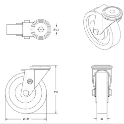 Roulette ŒIL CADDISTAR pivotante, Caoutchouc GRIS Ø 125 mm Roulement