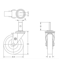 Roulette pivotante de chariot de supermarché à CADDIE patte verticale diamètre 125 mm caoutchouc gris  - 80 Kg