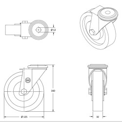 Roulette pivotante de chariot de supermarché CADDIE à oeil diamètre 125 mm avec frein pour tapis roulant escalator - 80 Kg