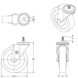 Roulette pivotante de chariot de supermarché CADDIE à tige filetée diamètre 125 mm avec frein pour tapis roulant escalator