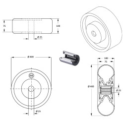 Roue  gonflable diamètre 400 x 100  alésage 25 mm coprs tôle roulement à rouleaux