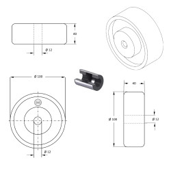 Roue polyamide blanc diamètre 100 x 40 alésage 12 longueur de moyeu 40 mm