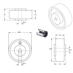 Roue polyamide blanc diamètre 80 x 30 alésage 12 longueur de moyeu 35 mm roulement à rouleaux