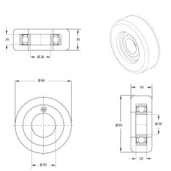 Galet de guidage 65 x 25 alésage 20 longueur de moyeu 14 mm