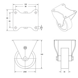 Plan Roulette fixe caoutchouc EASYROLL® BLEU diamètre 80 mm roulement à rouleaux - 150 Kg