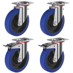 Lot de 4 roulettes pivotantes et freins caoutchouc EASYROLL® BLEU 80 mm charge - 450 Kg