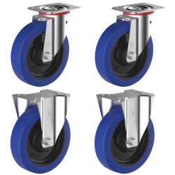 Lot de 4 roulettes pivotantes et fixes caoutchouc EASYROLL® BLEU 80 mm charge - 450 Kg