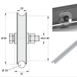 Plan Roue à gorge ronde diamètre 100 x 20  pour rail rond de Ø16 - 400 Kg