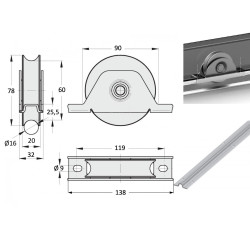 Monture à encastrer, roue à gorge rond Ø 80 x 20  pour rail Ø 16 mm - 200 Kg